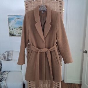 H&M Divided Women's Camel Tan Belted, Poly, Wool Blend Coat 6 Or Small